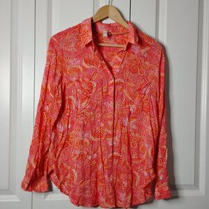 Pilcro by Anthropologie Women's Pink Orange Floral Button-Down Tunic Top Size MP